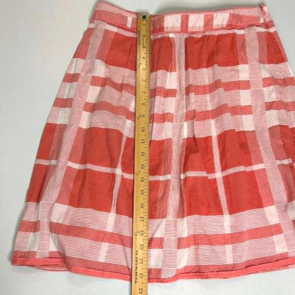 Talbots Women Coral Cream Plaid Pleated A-Line Skirt Size 6 Lined Side Zip